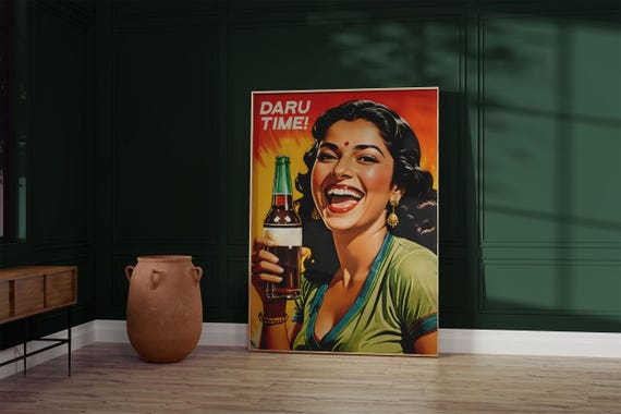Pop Art Print, Modern Desi Woman Daru Time