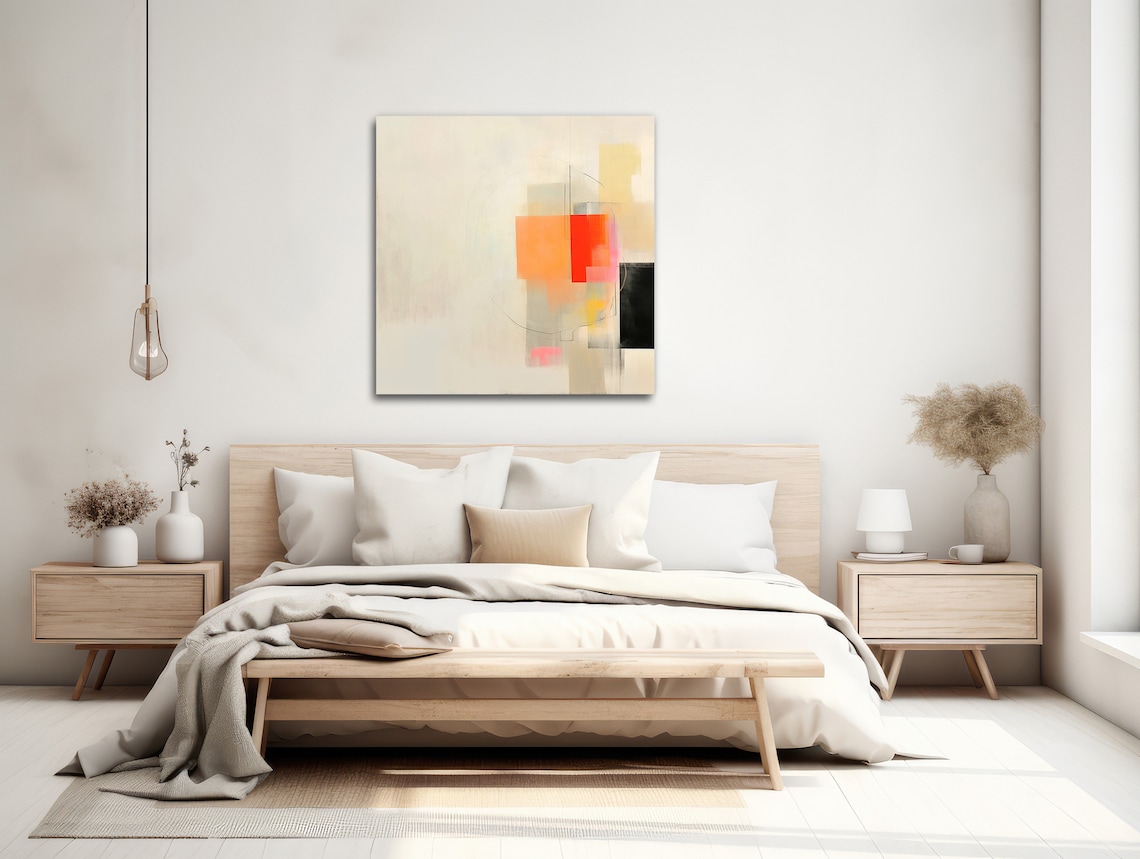 Minimal Beige Abstract Painting Orange Red Color Blocks Wall Art Poster - Image 2