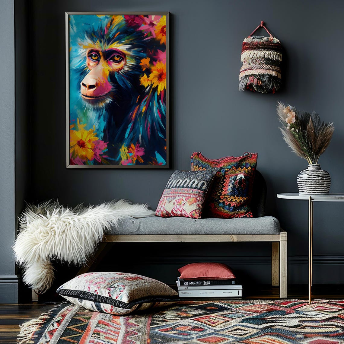 Baboon Portrait in Bold Colorful Paint With Blooming Flowers Poster - Image 2