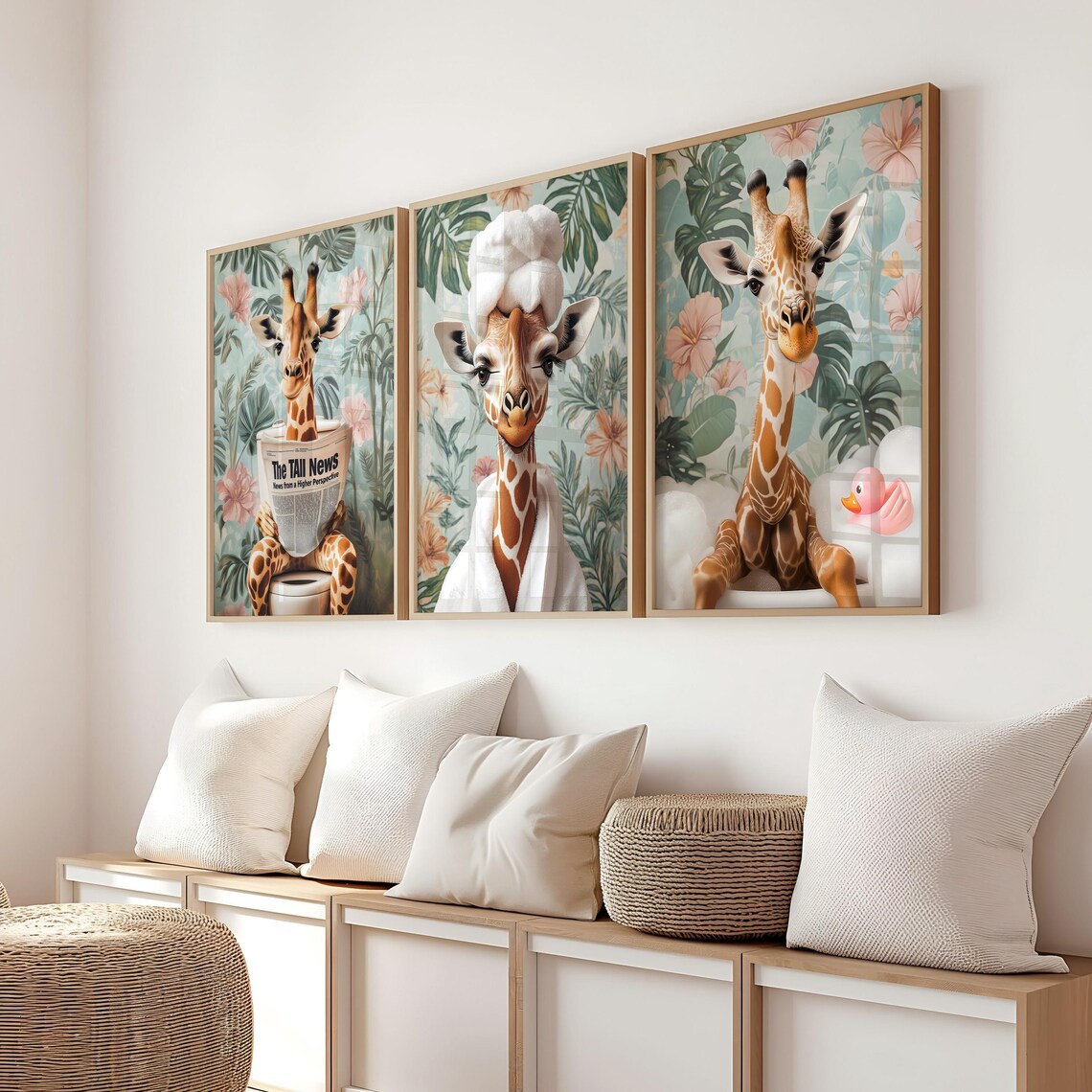 Giraffe Reading The Tall News on a Toilet in a Tropical Bathroom Poster - Image 6