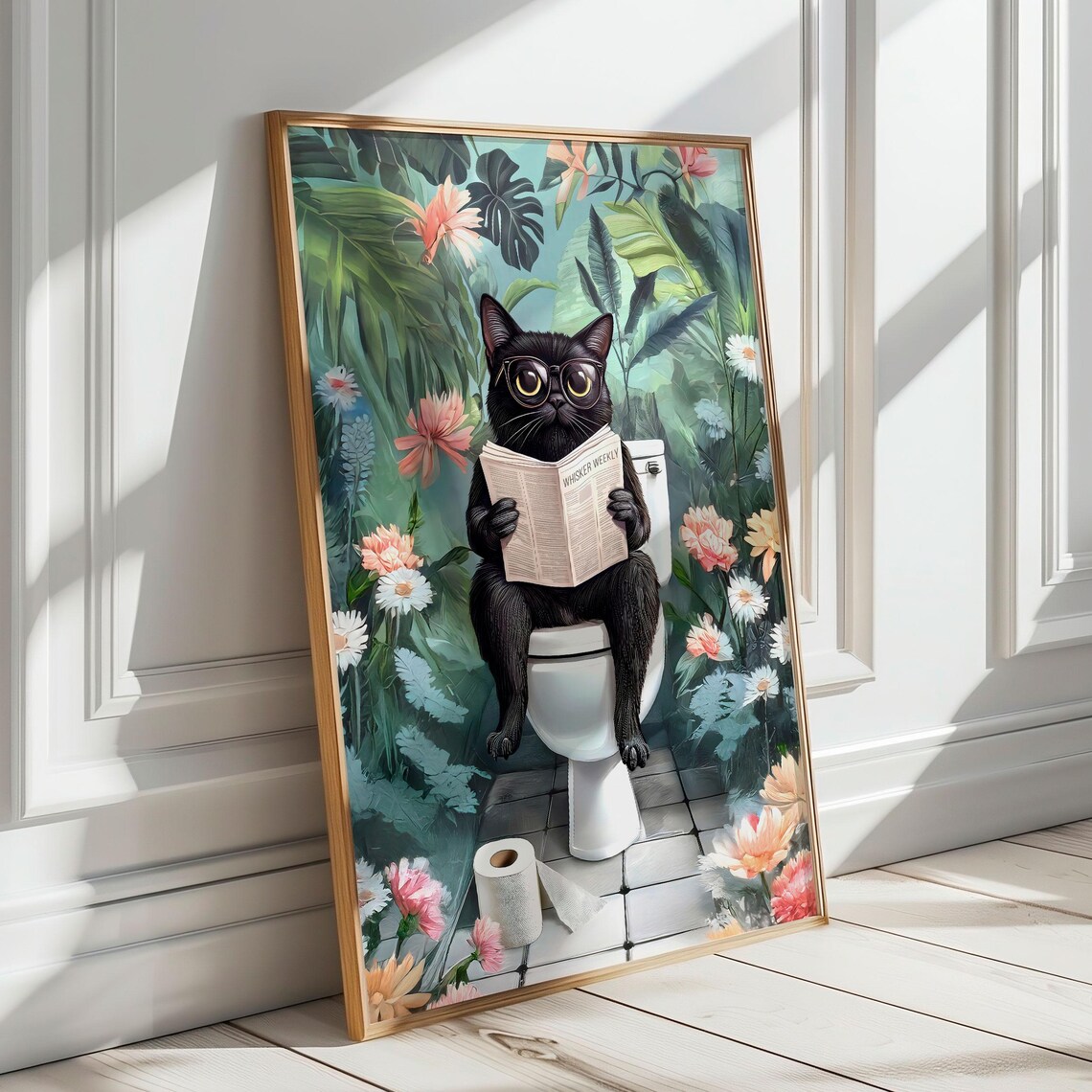 Black Cat In Glasses Reading Whisker Weekly On Toilet Poster - Image 2