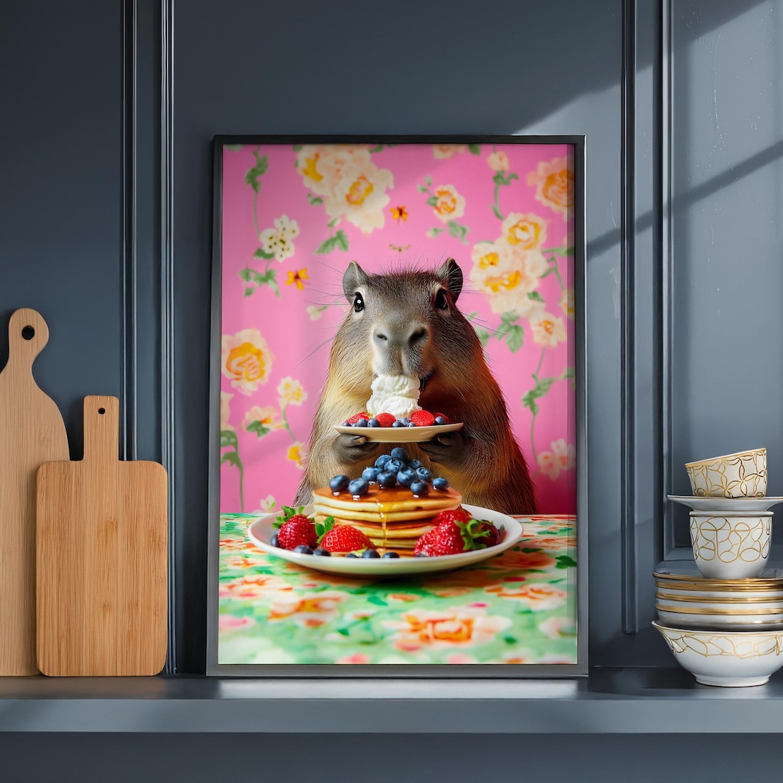 Capybara Holding Berry Pancakes With Cream Floral Kitchen Poster - Image 5