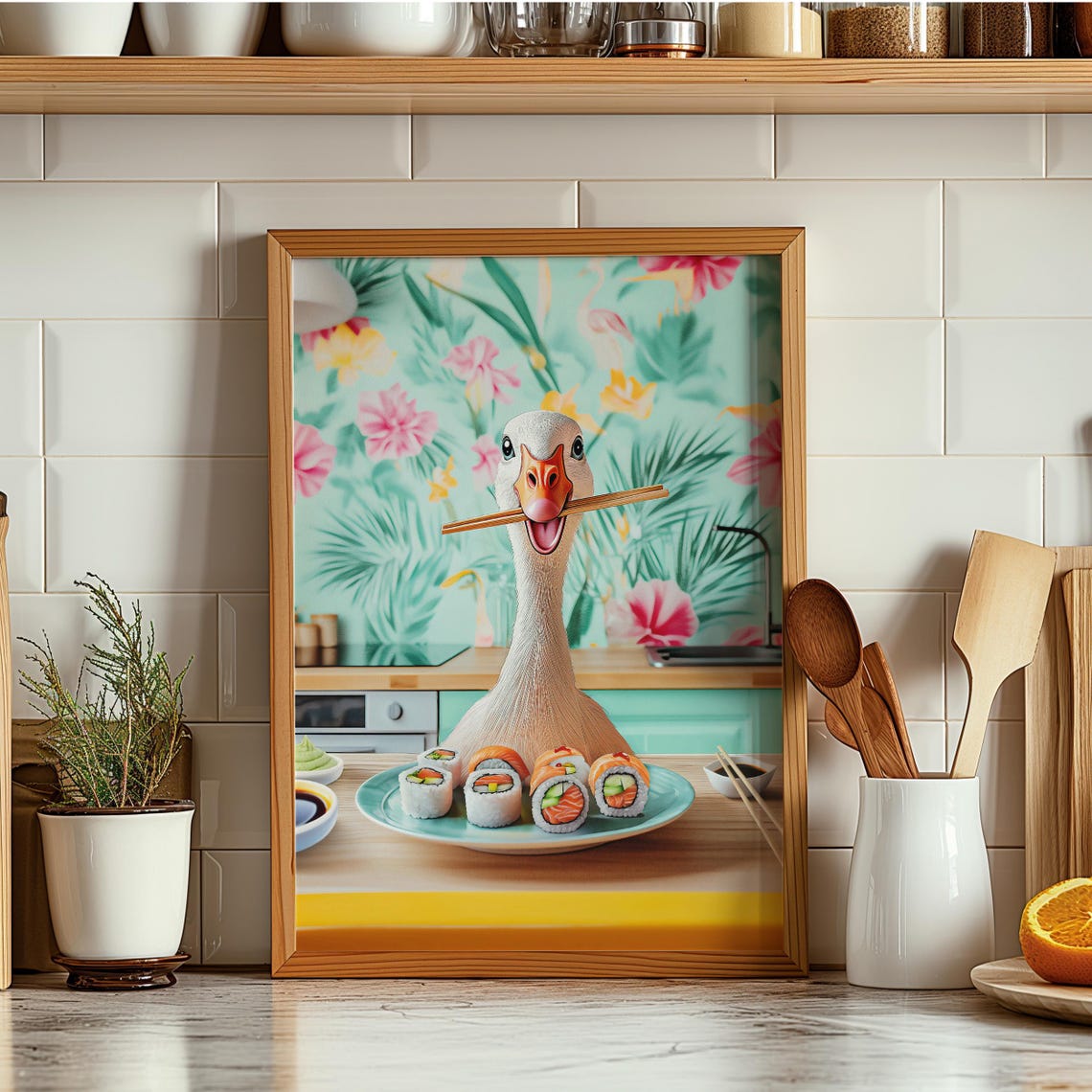 Goose With Chopsticks Eating Sushi in a Bright Kitchen Poster - Image 6