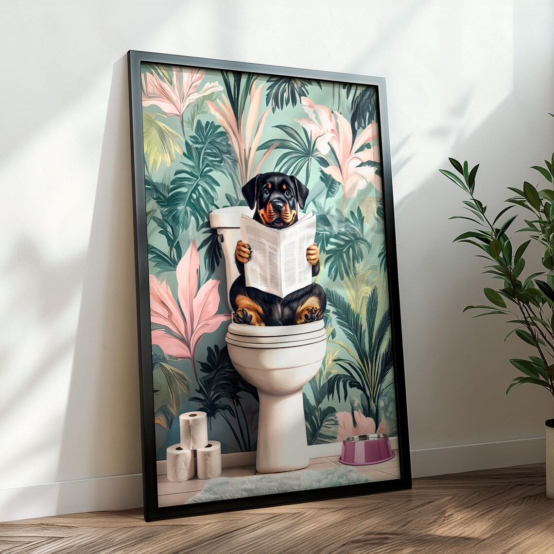 Rottweiler Puppy Reading the Paper on a Toilet Floral Poster - Image 6