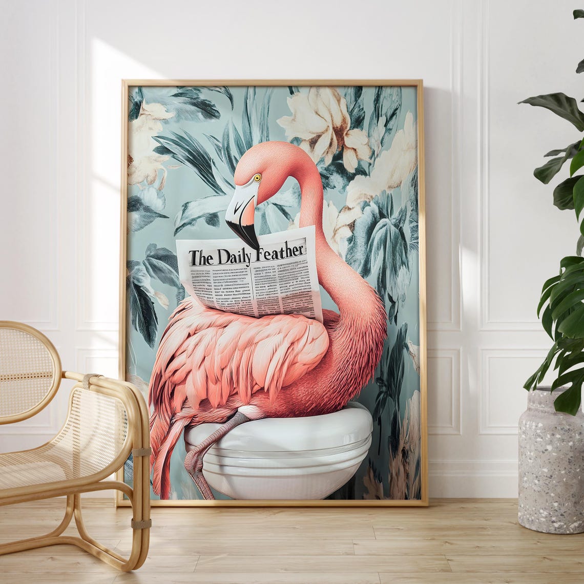 Flamingo Reading The Daily Feather on a Toilet Botanical Poster