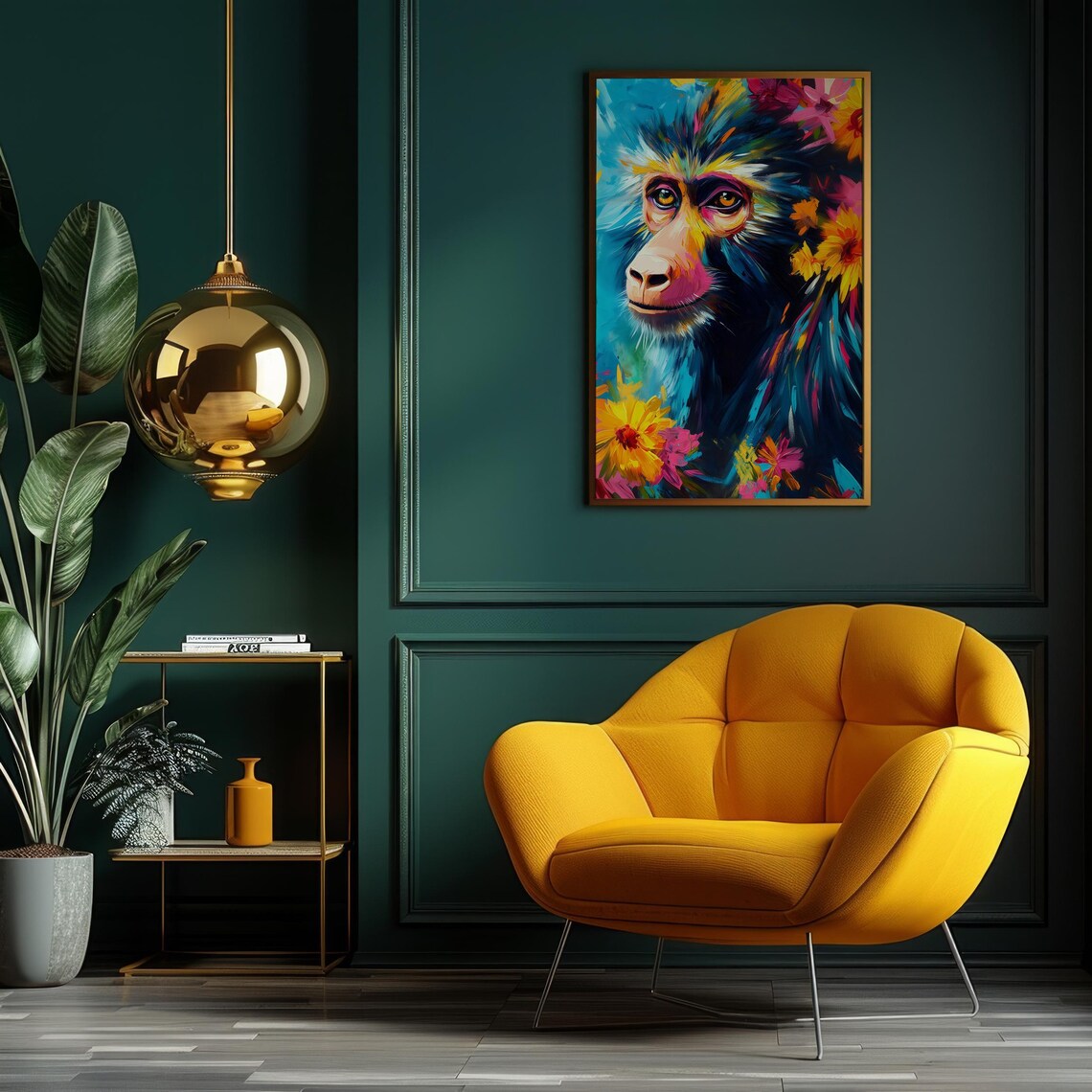 Baboon Portrait in Bold Colorful Paint With Blooming Flowers Poster - Image 6
