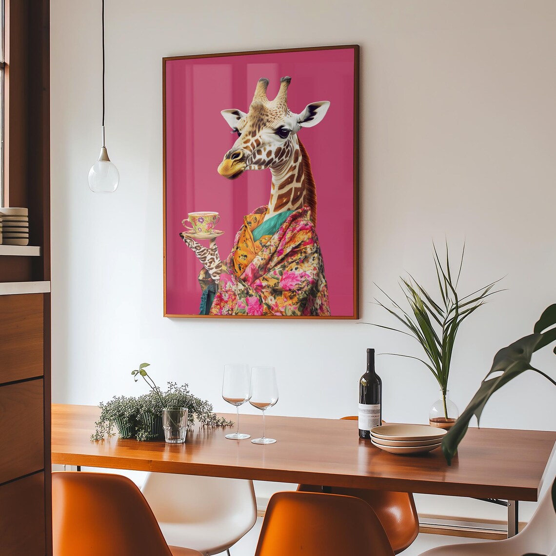 Giraffe In Floral Kimono Holding A Tea Cup On Hot Pink Poster - Image 4