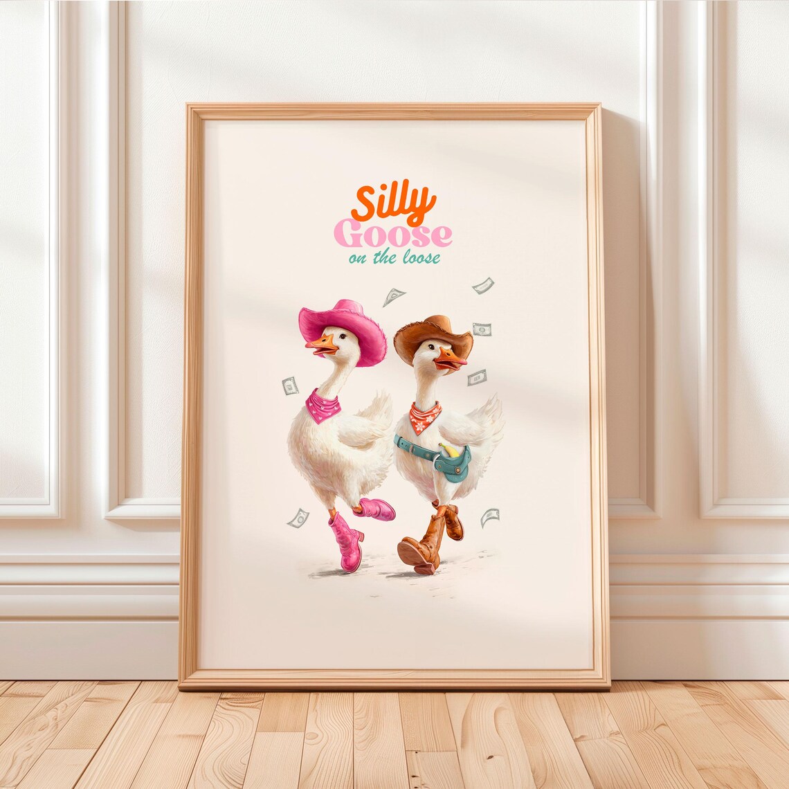 Silly Goose on the Loose Cowboy Duo Dancing Retro Western Poster