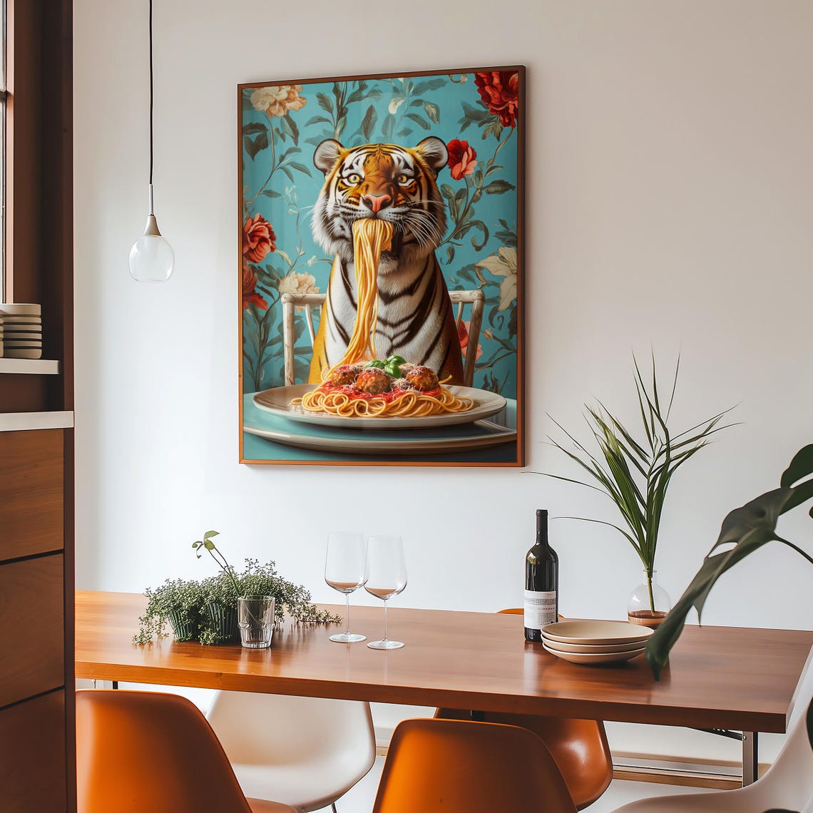 Tiger Slurping Spaghetti With Meatballs Floral Kitchen Poster - Image 4