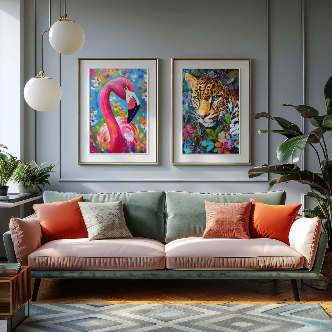 Pink Flamingo Portrait in Bright Abstract Paint With Flowers Poster - Image 5