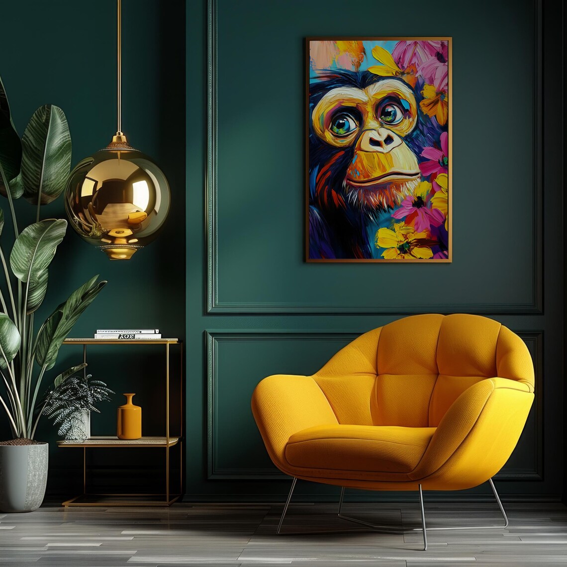 Monkey Portrait in Vivid Abstract Paint With Blooming Flowers Poster - Image 6