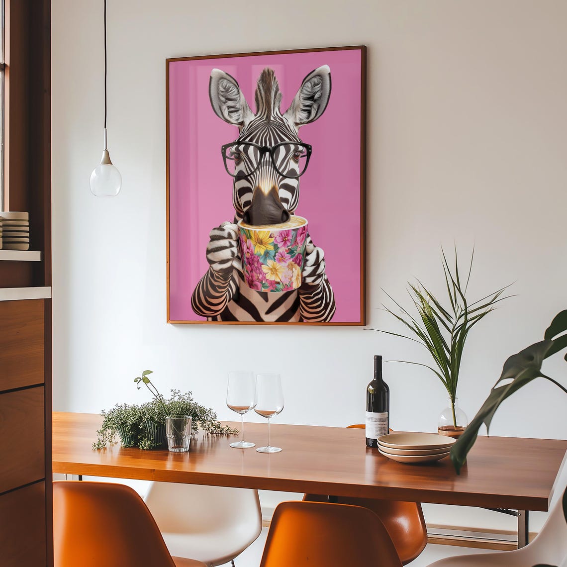 Zebra With Glasses Drinking Coffee From a Mug on a Pink Kitchen Poster - Image 4