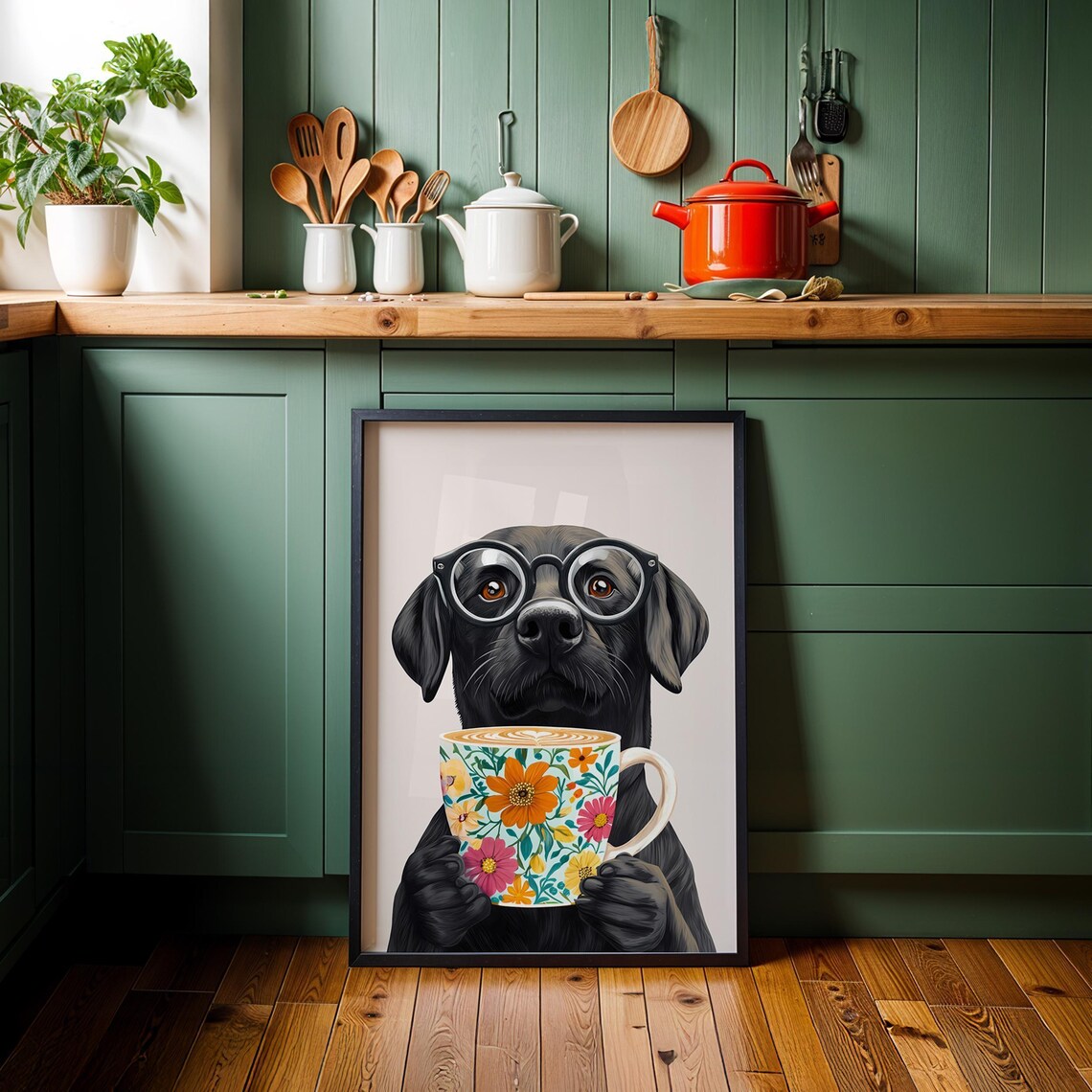 Black Labrador Wearing Glasses Holding a Floral Coffee Mug Poster - Image 3