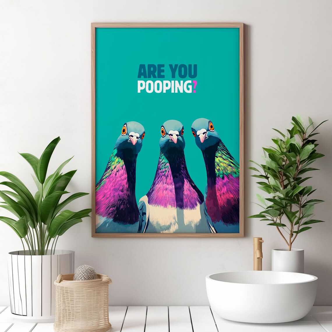 Are You Pooping Three Curious Pigeons on a Teal Funny Poster - Image 3