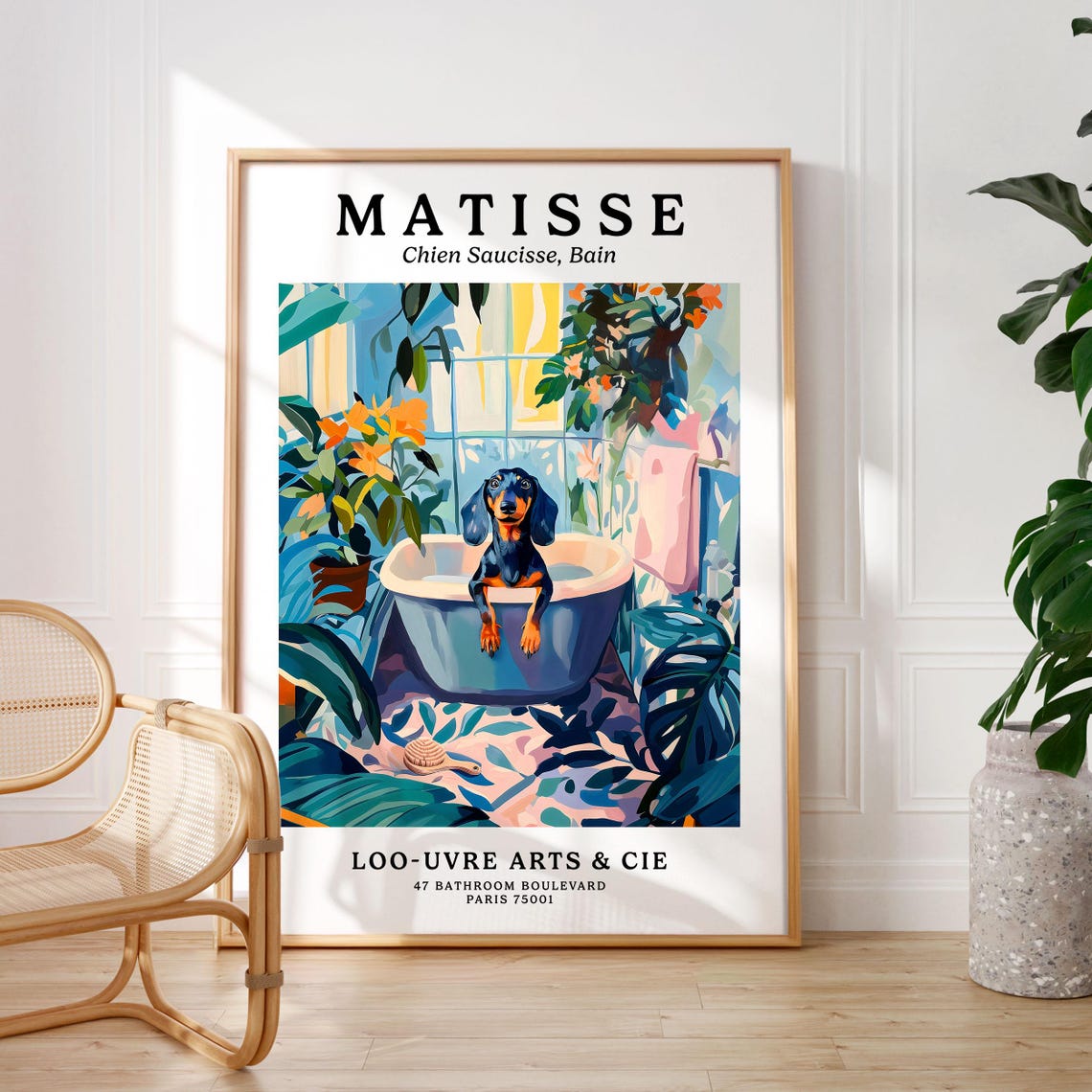 Matisse Style Dachshund Puppy in a Blue Bathtub Parody Art Poster