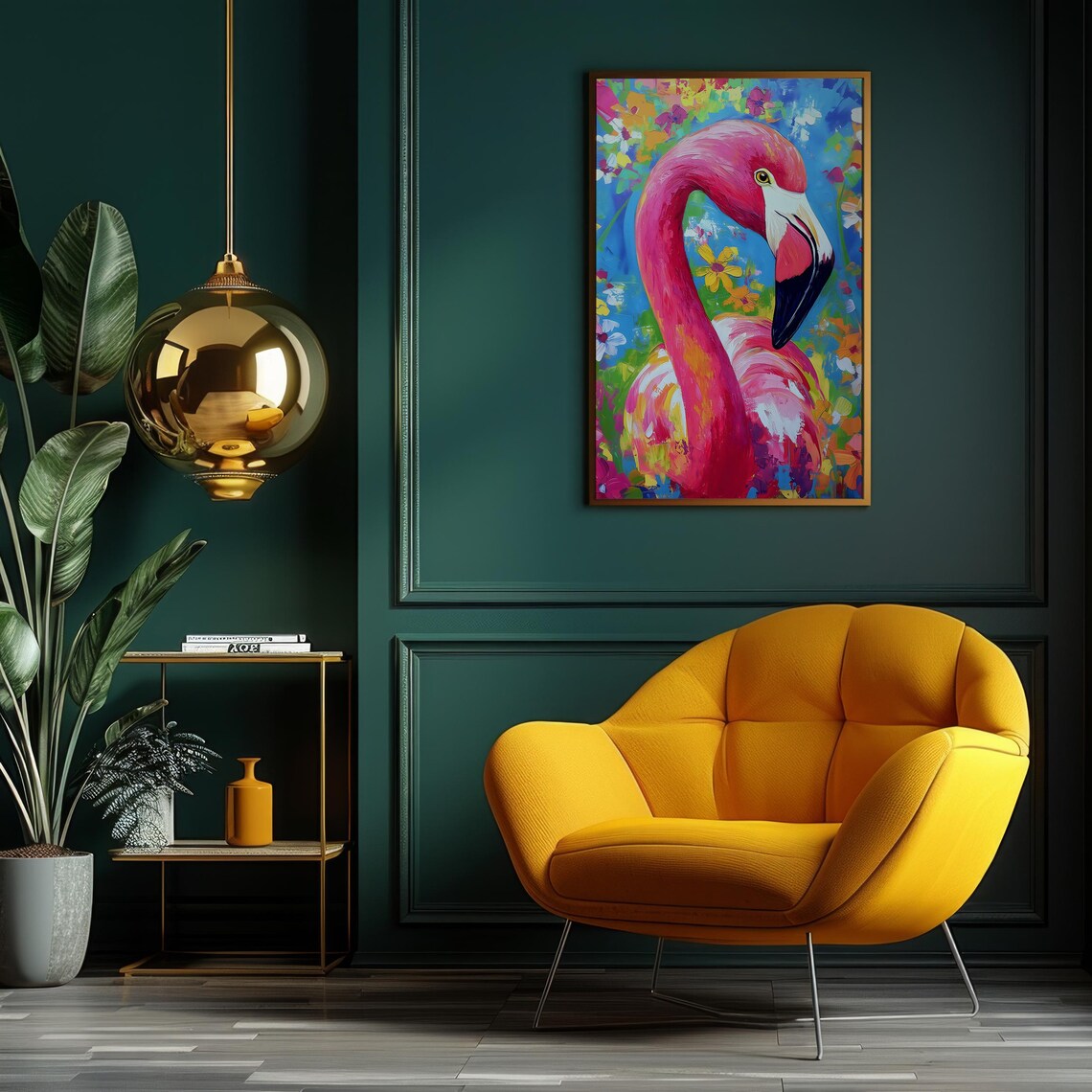 Pink Flamingo Portrait in Bright Abstract Paint With Flowers Poster - Image 6