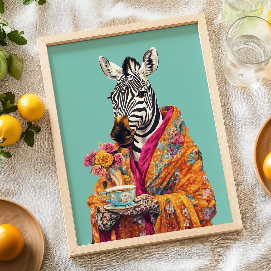 Zebra Wrapped in a Colorful Shawl Holding a Floral Teacup Poster - Image 6