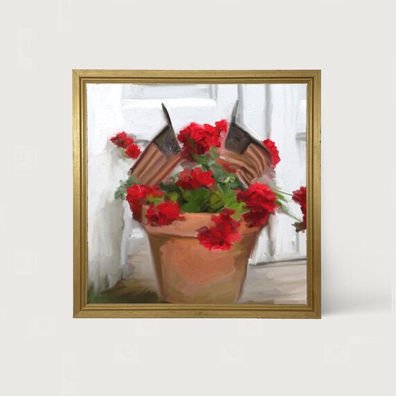Geraniums With Flags, Summer Garden Art Print