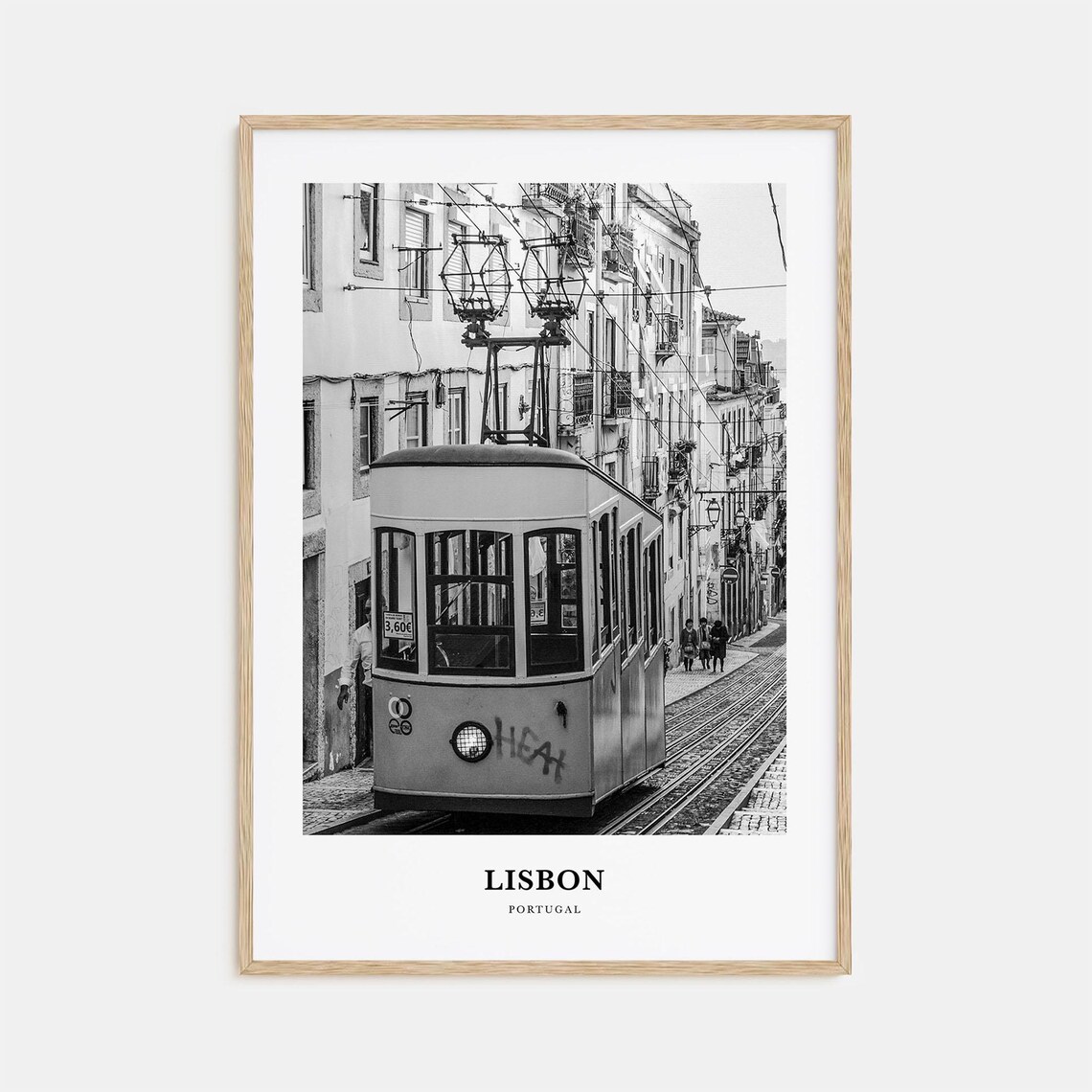 Lisbon Portugal Historic Yellow Street Tram Black and White Poster