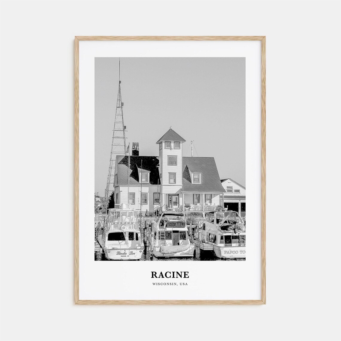 Racine Wisconsin Harbor Boats Black and White Waterfront Poster