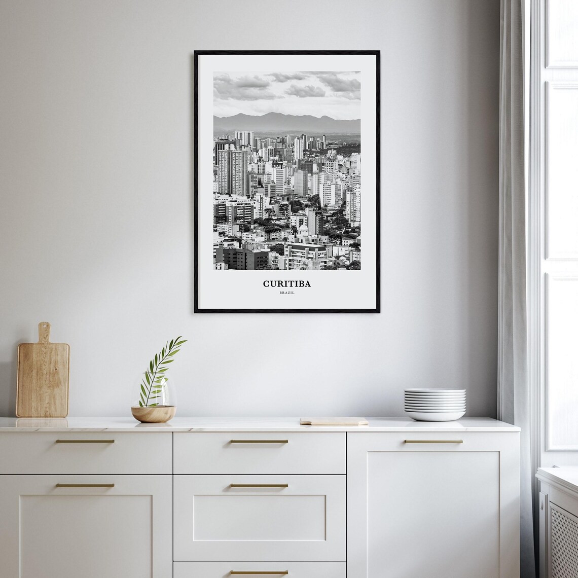 Curitiba Brazil Black and White City Skyline Mountains Travel Poster - Image 2