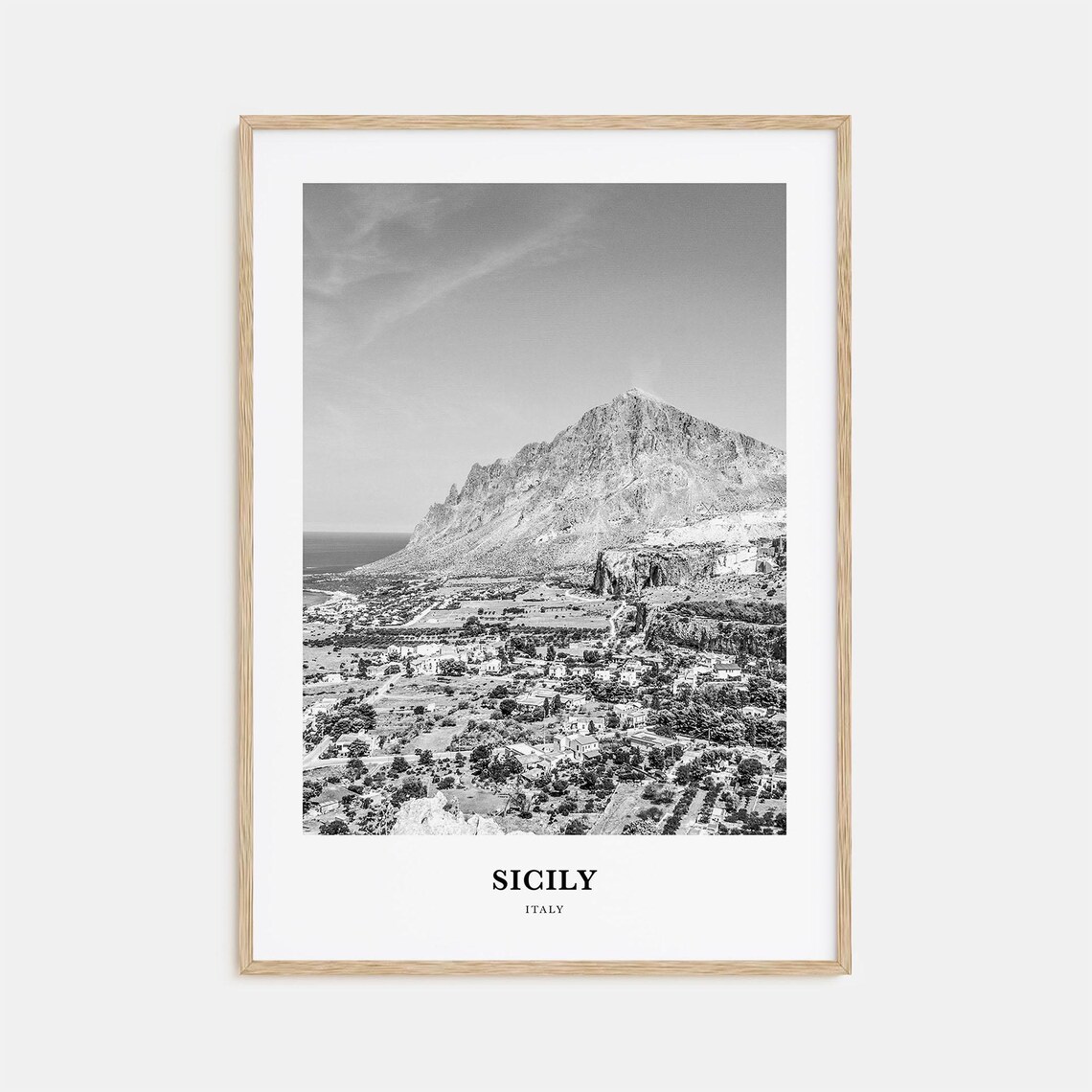 Sicily Italy Mountain Coast Landscape Black and White Travel Poster