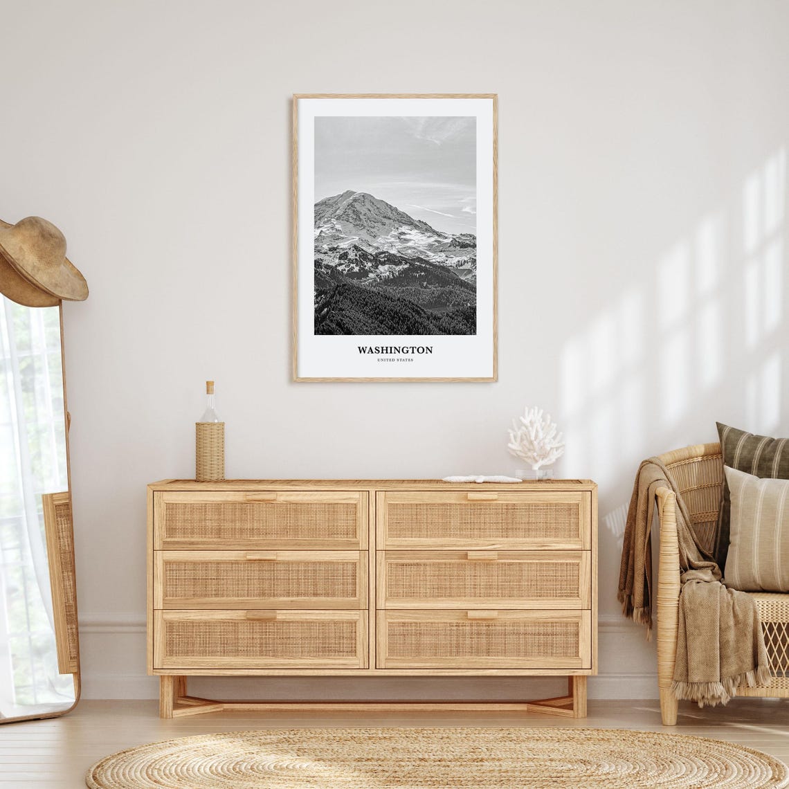 Washington State Snow Capped Mountain Peak Black White Poster - Image 3