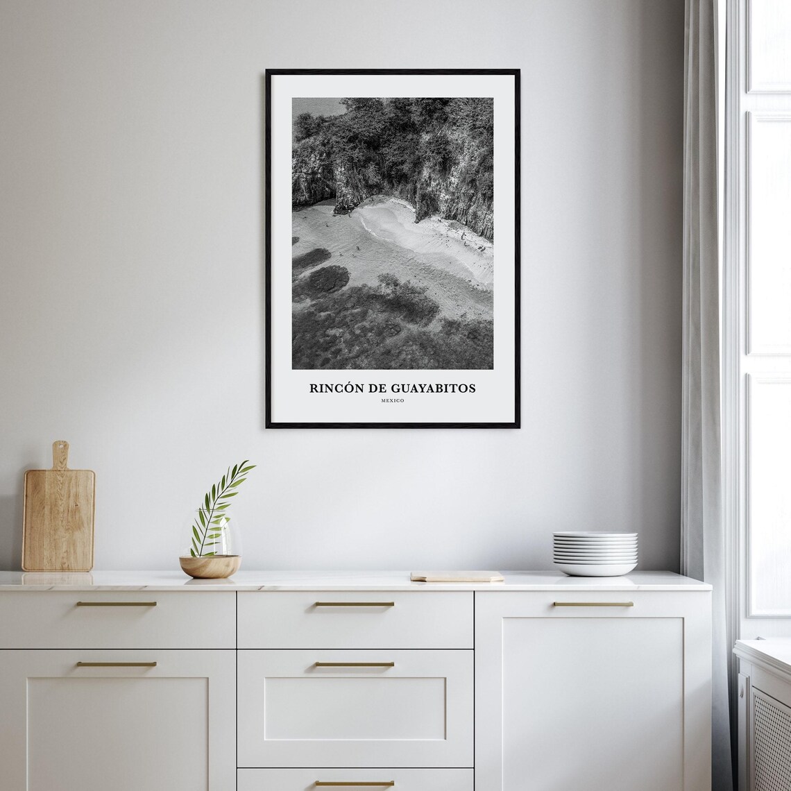 Rincon de Guayabitos Mexico Aerial Beach Cove Black White Poster - Image 2