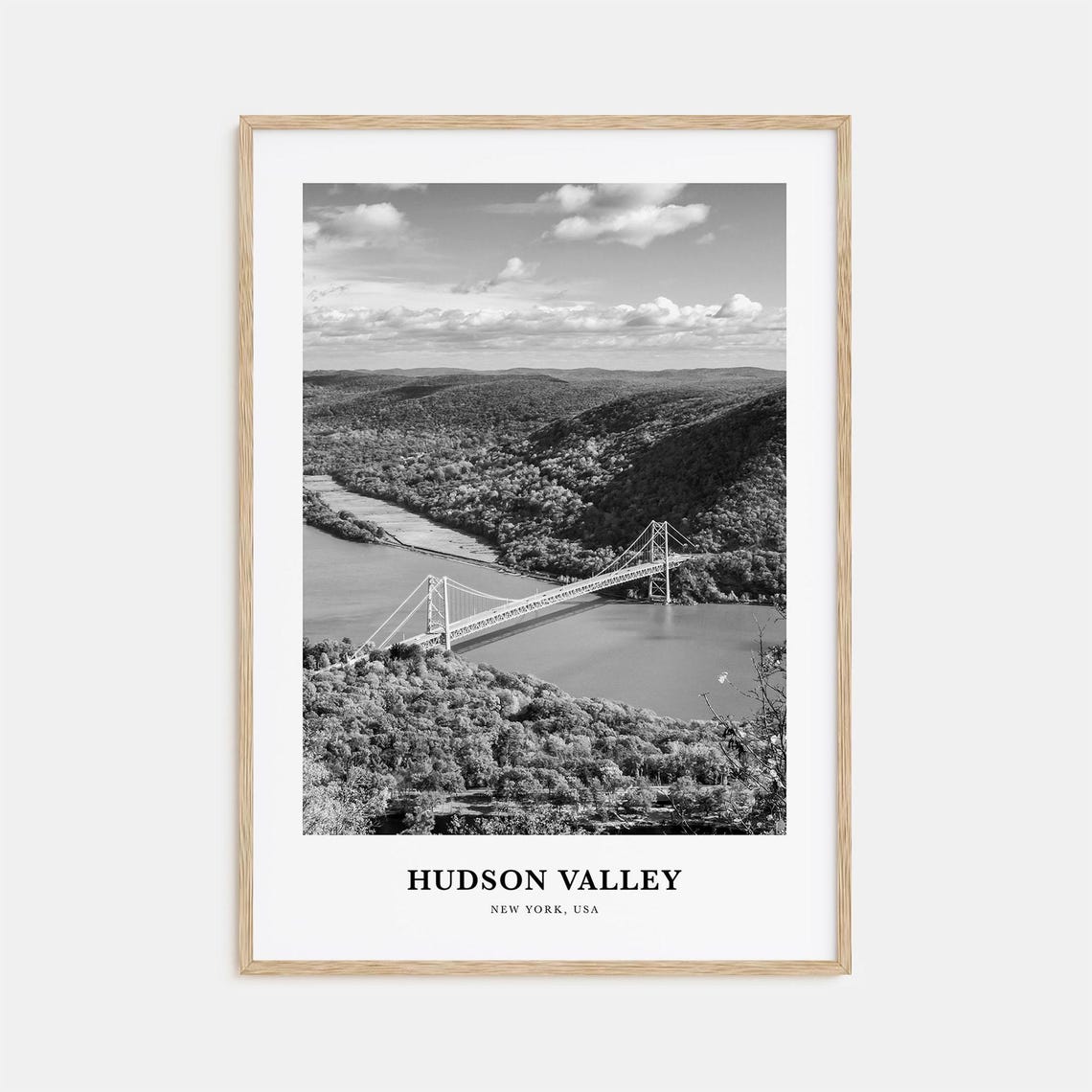 Hudson Valley Suspension Bridge Over River Black and White Poster