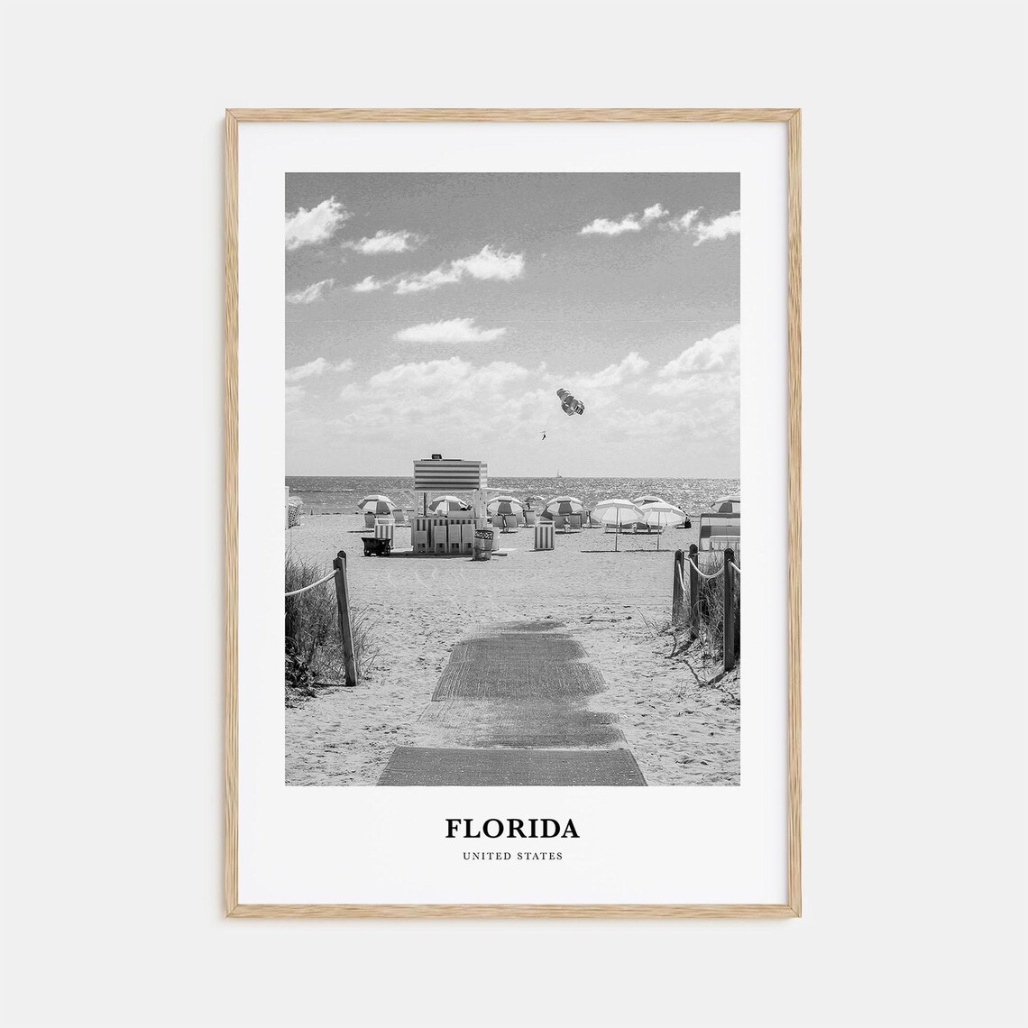 Florida Beach Umbrellas Walkway Black and White Photo Poster