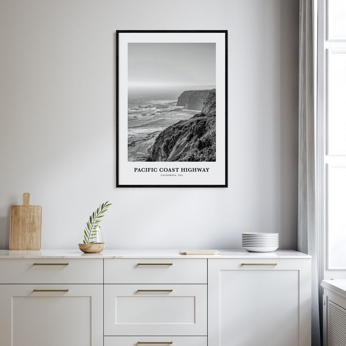 Pacific Coast Highway Big Sur Cliffs Black and White Road Poster - Image 2