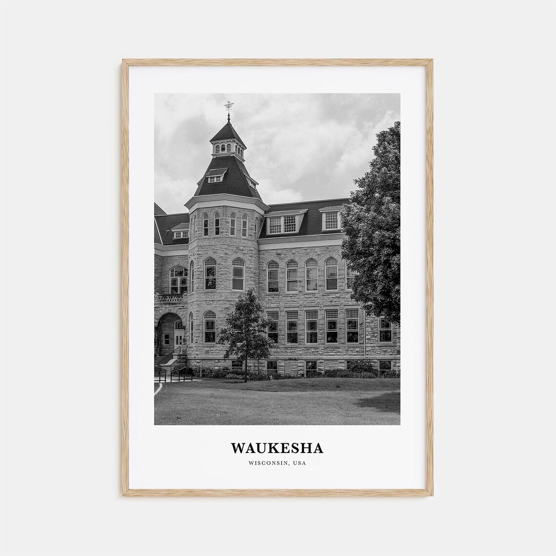 Waukesha Wisconsin Historic Hall Black and White Travel Poster