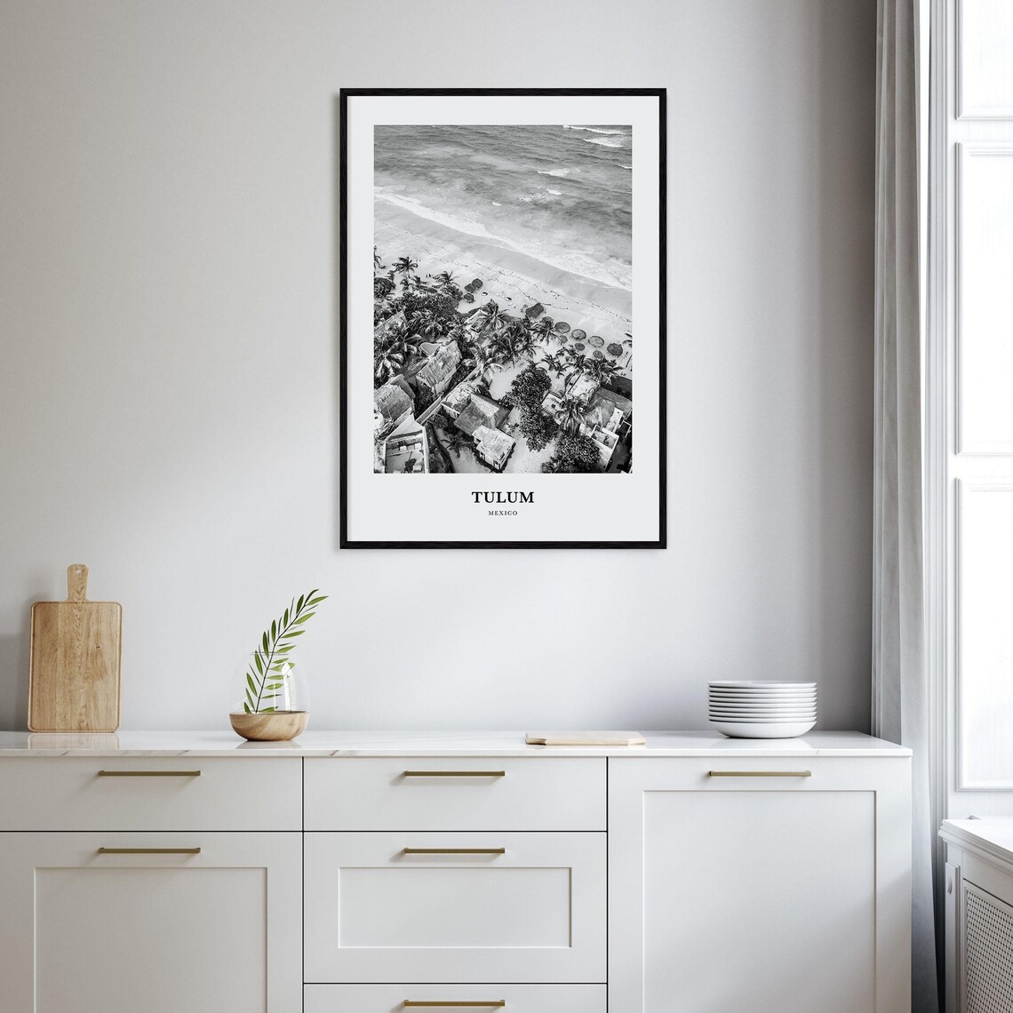 Tulum Mexico Aerial Beach Palapas Black and White Photography Poster - Image 2