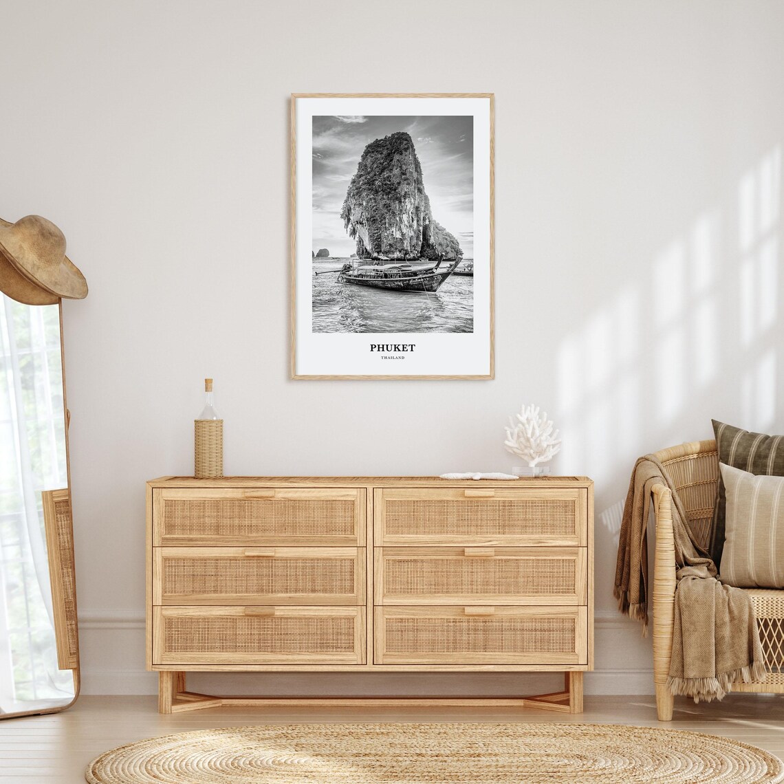Phuket Thailand Limestone Karst Longtail Boat Black and White Poster - Image 3