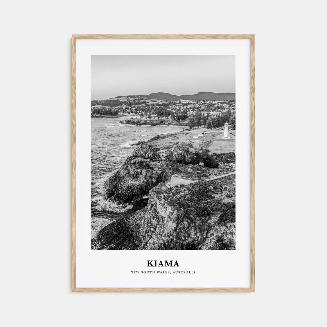 Kiama Australia Black and White Lighthouse Coastal Cliffs Poster