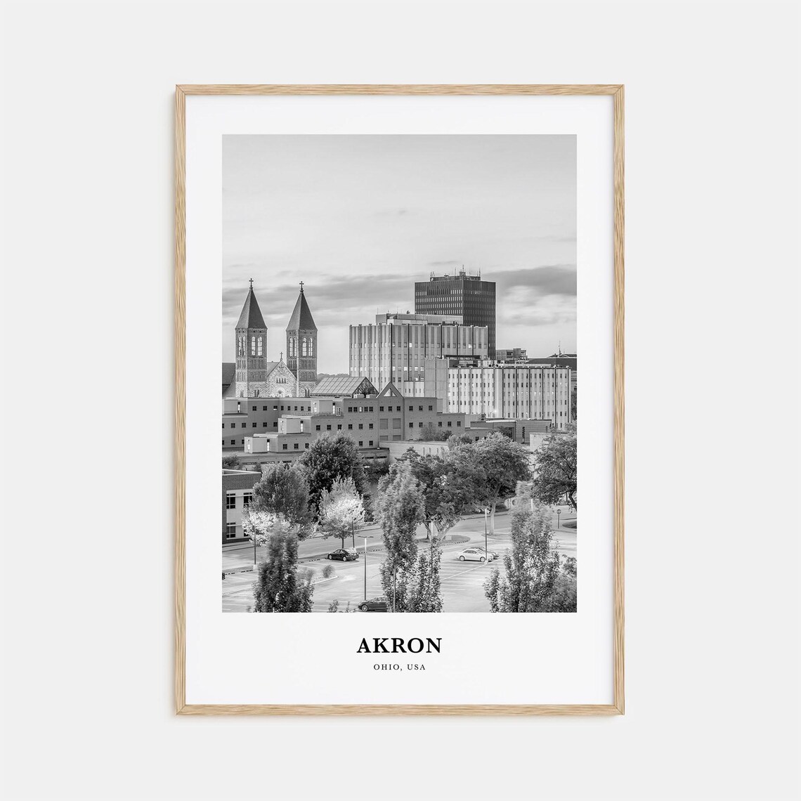 Akron Ohio City Skyline Twin Spires Black and White Travel Poster