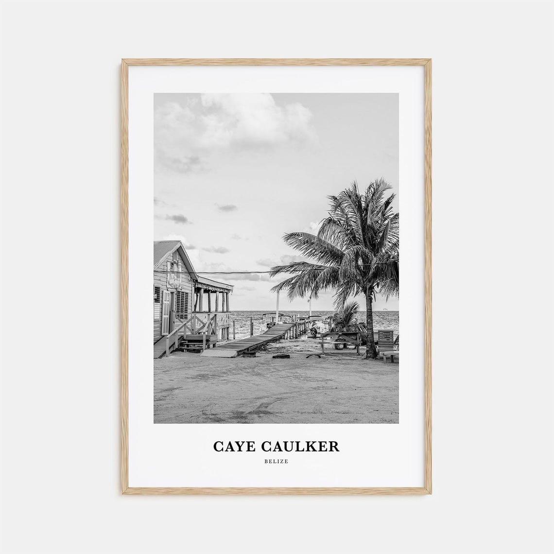 Caye Caulker Belize Beach Pier Palm Tree Black White Travel Poster