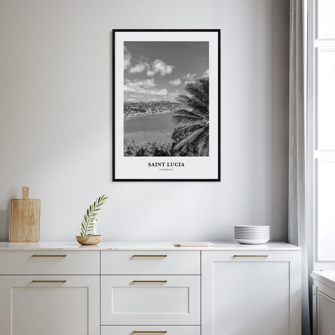 Saint Lucia Caribbean Bay Palm Trees And Town Black And White Poster - Image 2