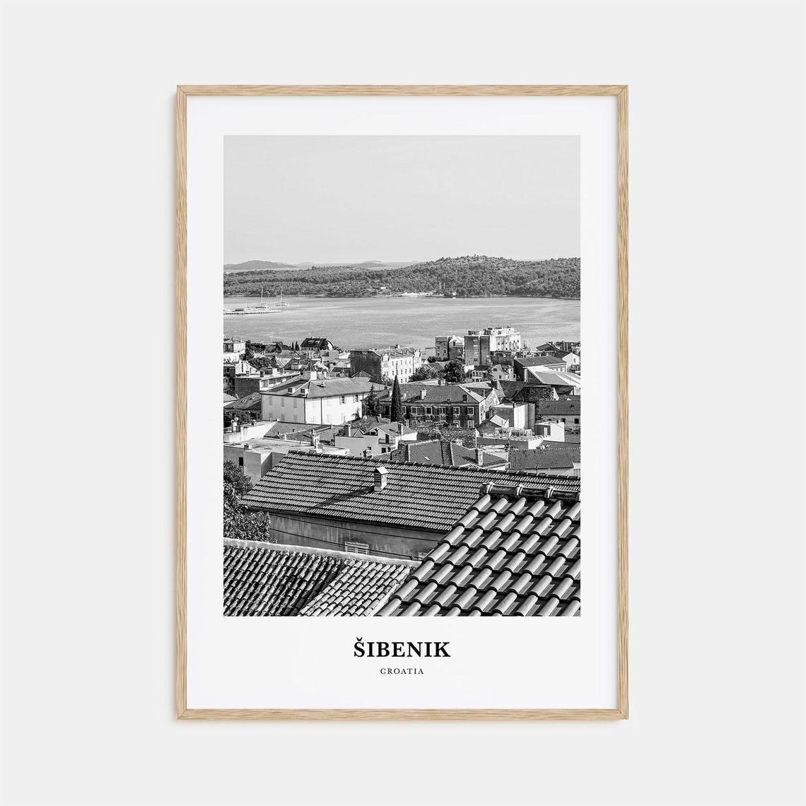 Sibenik Croatia Old Town Rooftops Harbor Black White Travel Poster