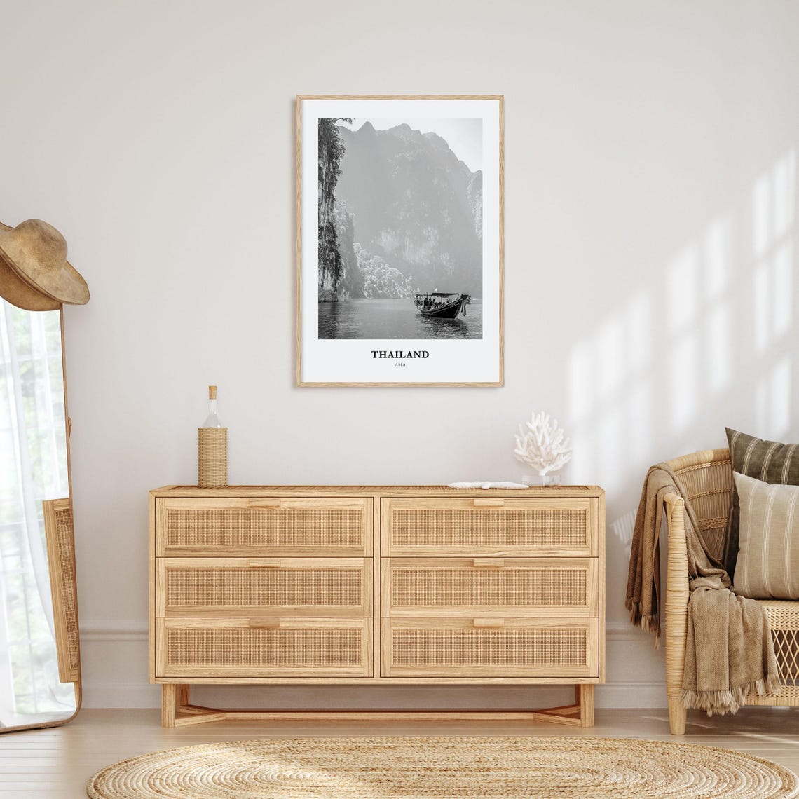 Thailand Longtail Boat Limestone Cliffs Black and White Poster - Image 3