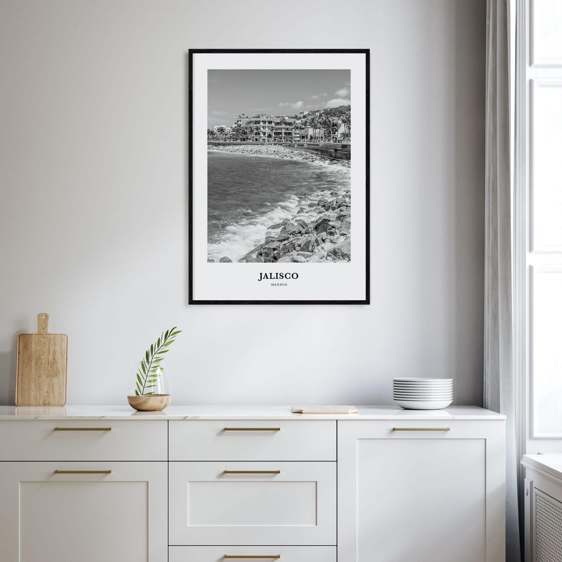 Jalisco Mexico Rocky Seaside Boardwalk Black and White Poster - Image 2