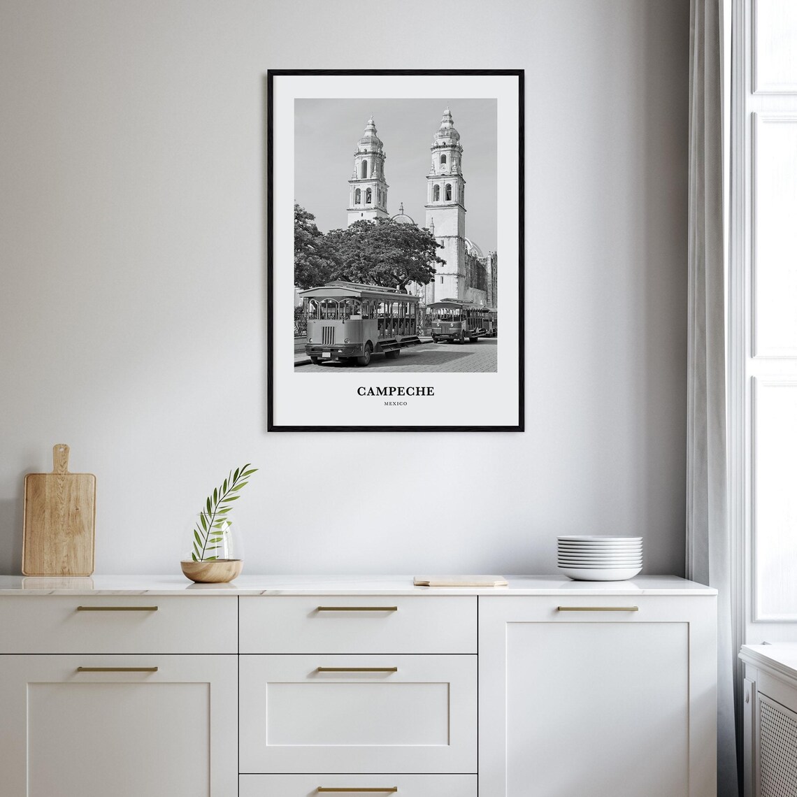 Campeche Mexico Colonial Cathedral Trolley Monochrome Poster - Image 2
