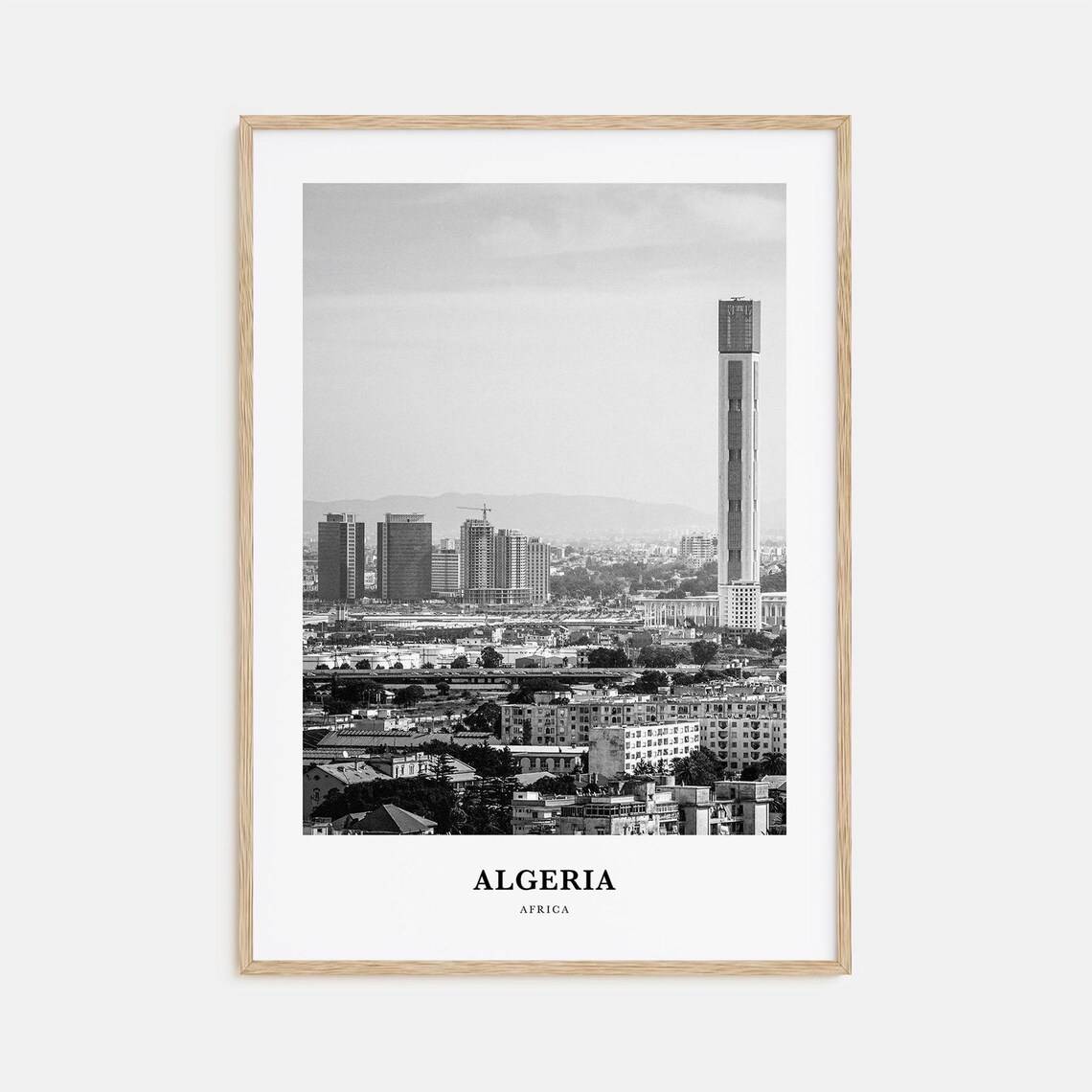 Algeria Modern Algiers Skyline Minaret Black and White Travel Poster