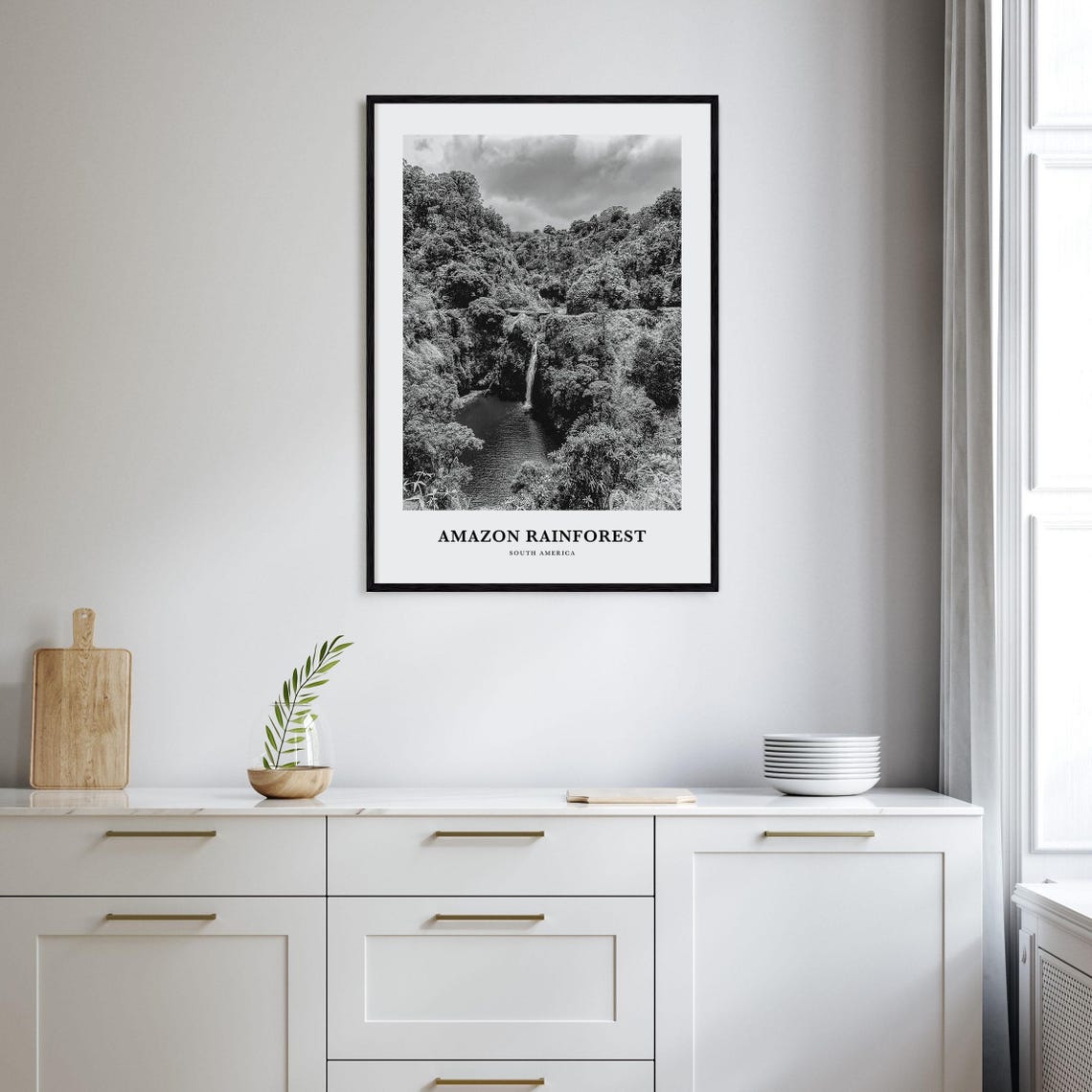 Amazon Rainforest Jungle Waterfall Black and White Nature Poster - Image 2