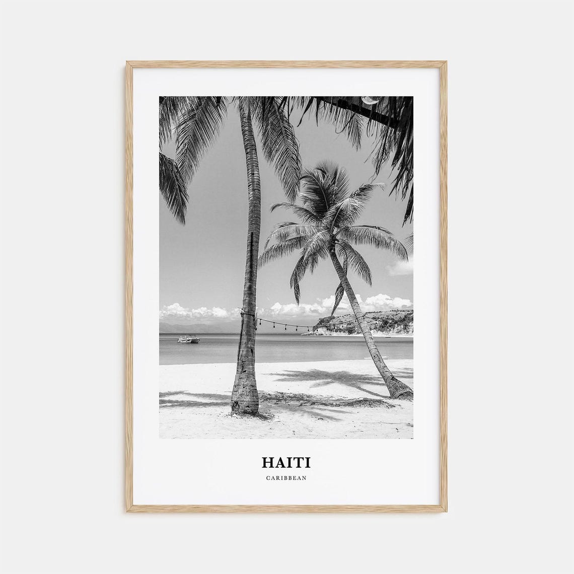 Haiti Caribbean Tropical Palm Trees Beach Boat Black White Poster