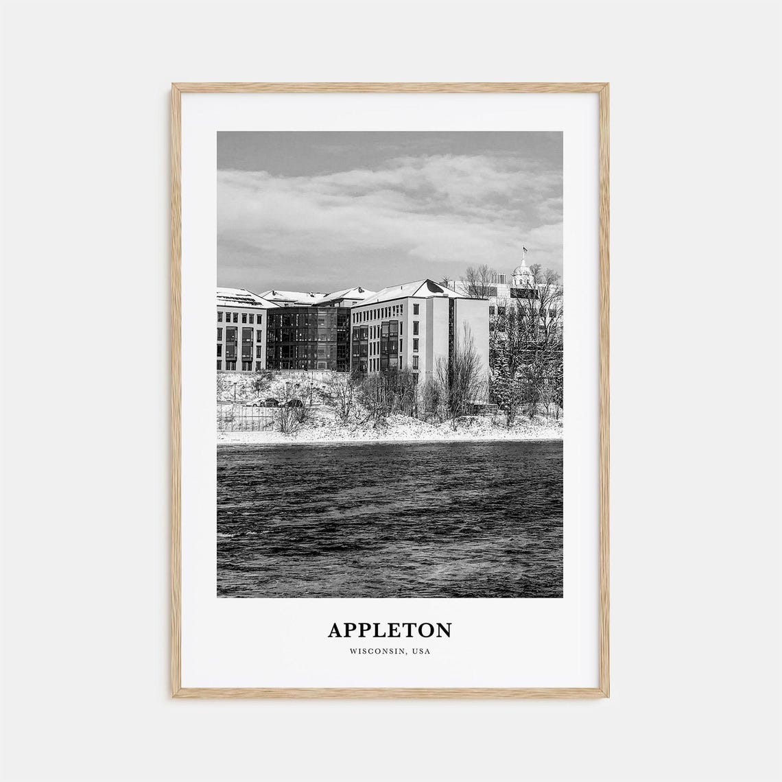 Appleton Wisconsin Winter Riverside Snowy Buildings Waterfront Poster