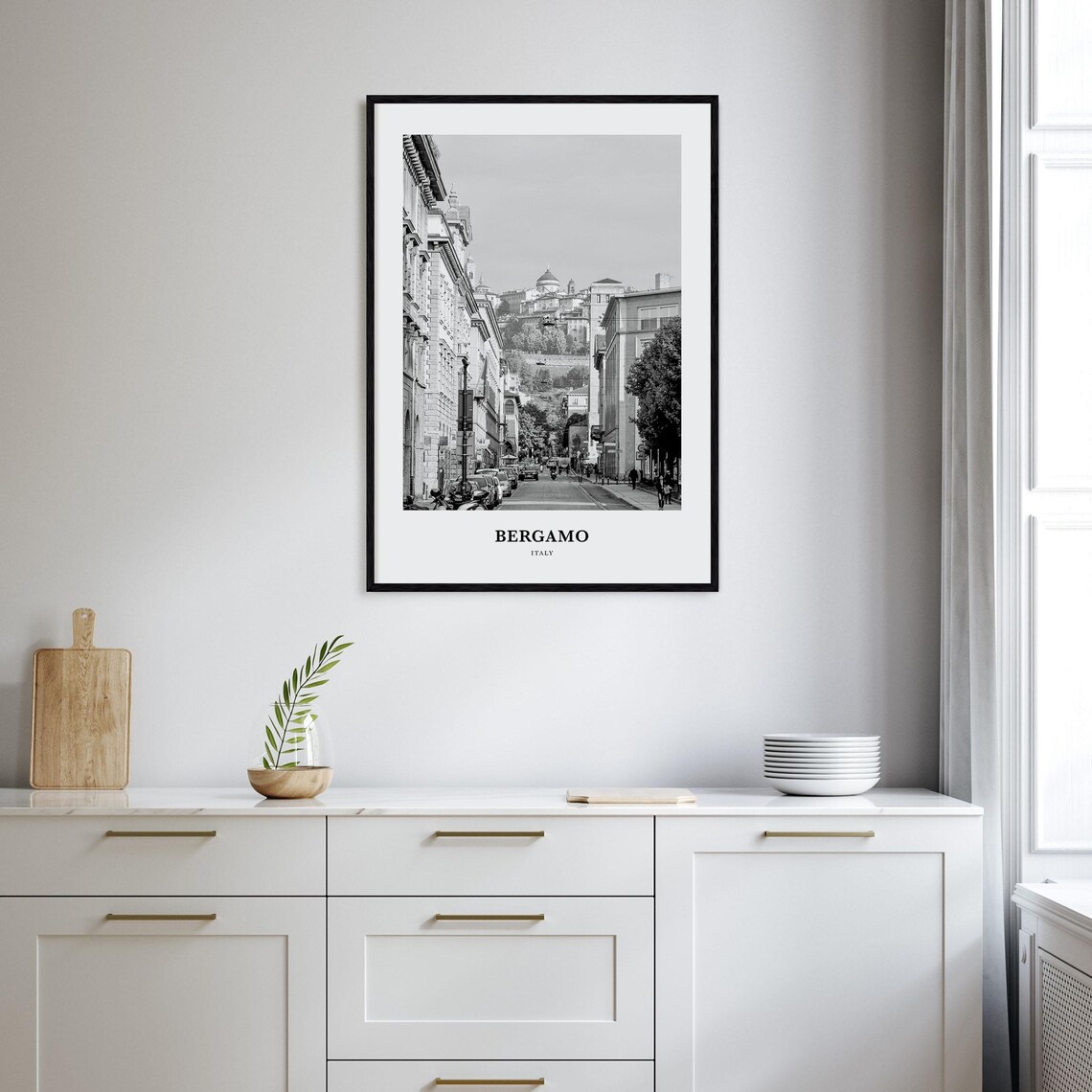 Bergamo Italy Black and White Old Town Hill Street View Poster - Image 2