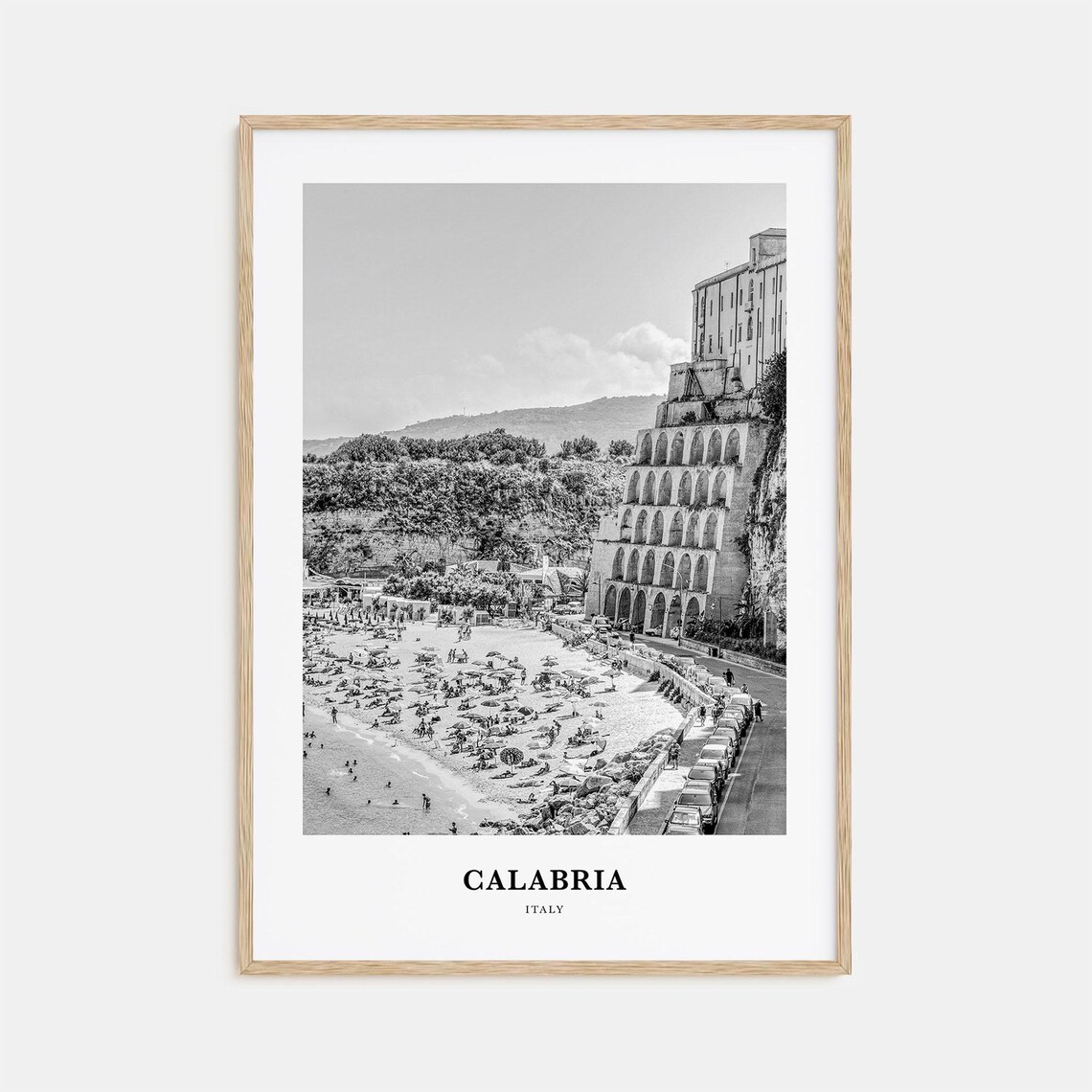 Calabria Cliffside Beach with Parasol Umbrellas Italy Travel Poster