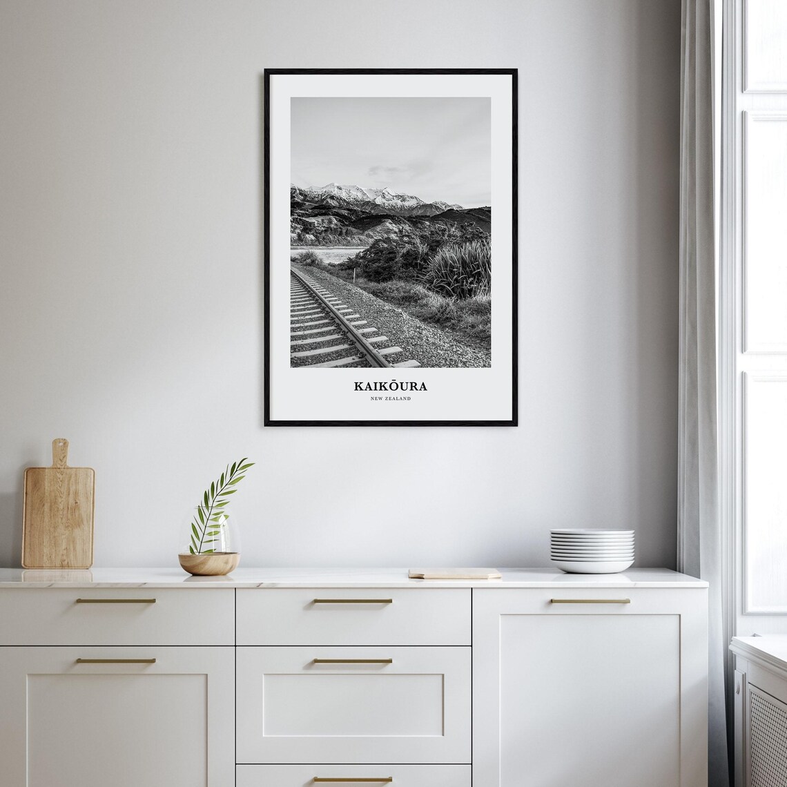 Kaikoura New Zealand Black and White Railway Snowy Peaks Poster - Image 2