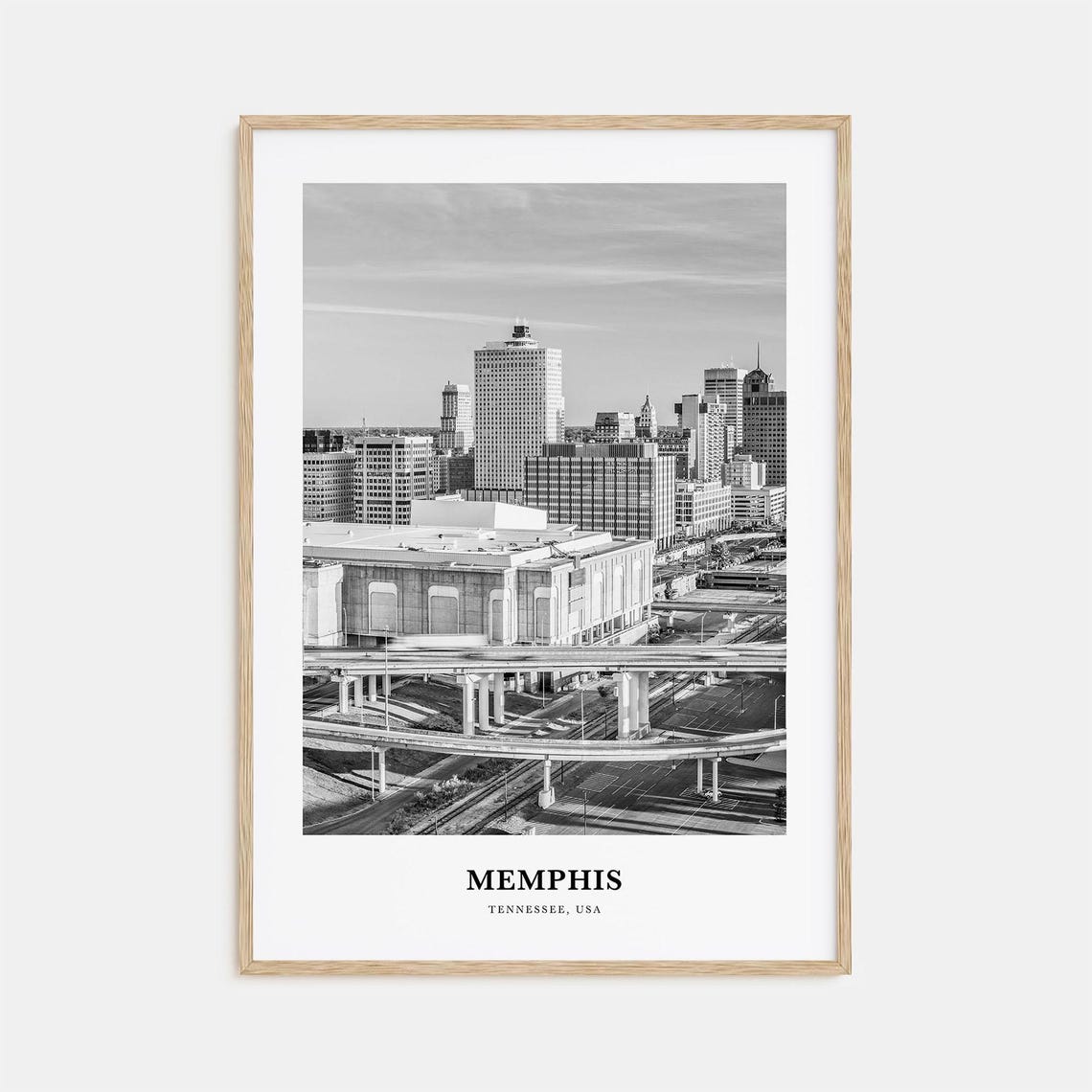 Memphis Tennessee Downtown Skyline Highway Aerial Black White Poster
